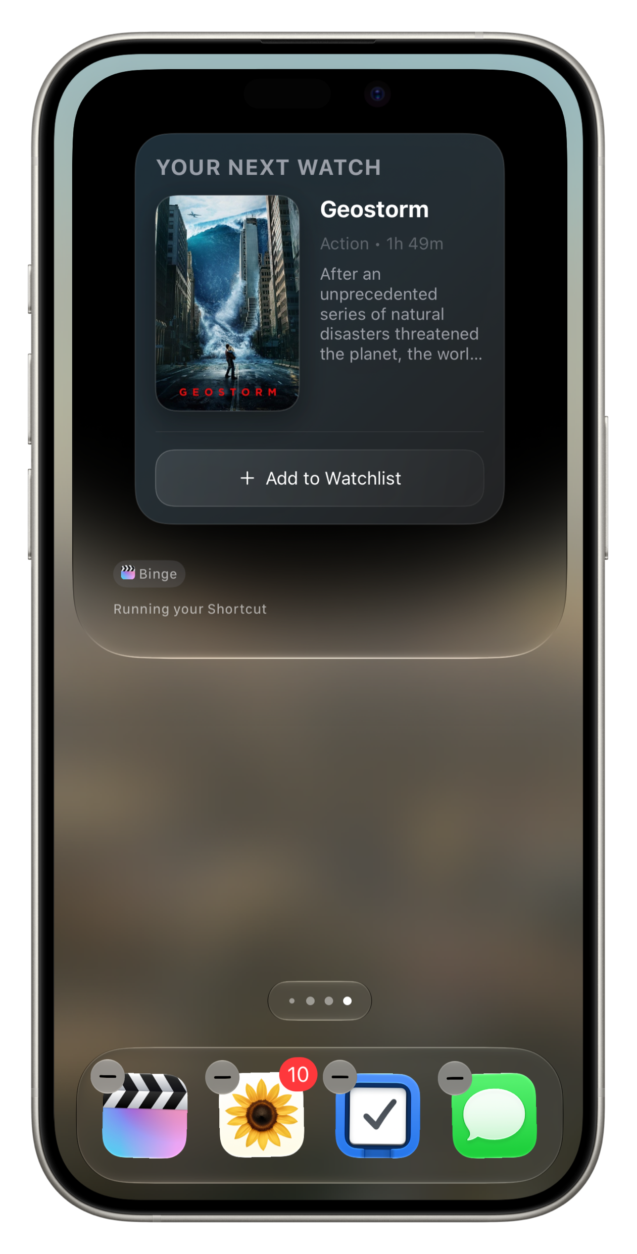 Binge running an Apple Intelligence shortcut and recommending Geostorm