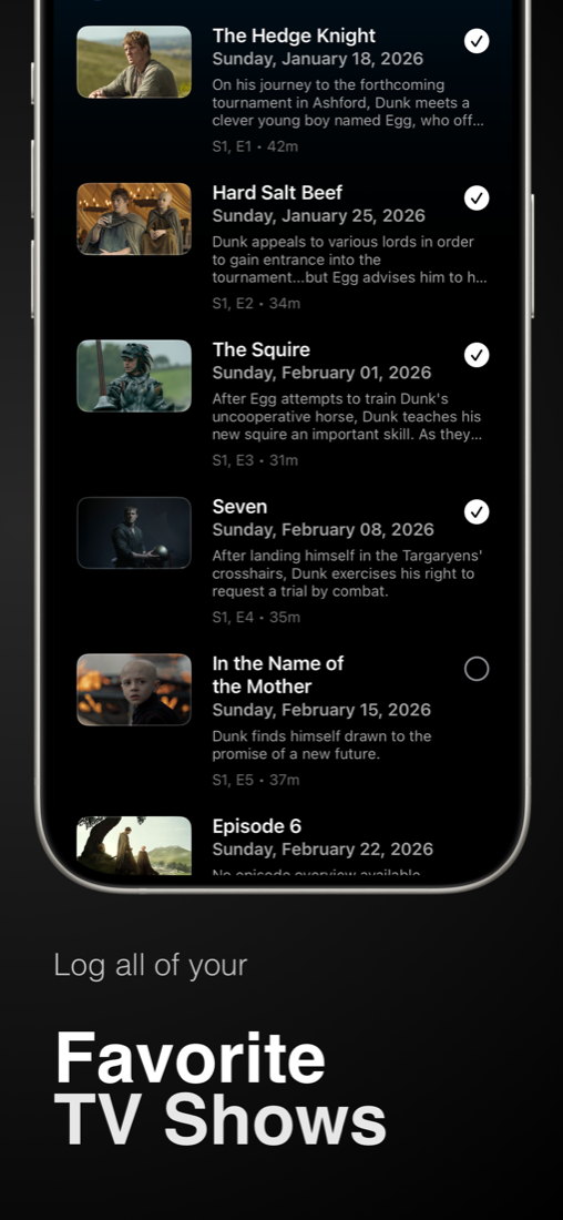 Binge episode tracking screen showing an upcoming season episode list