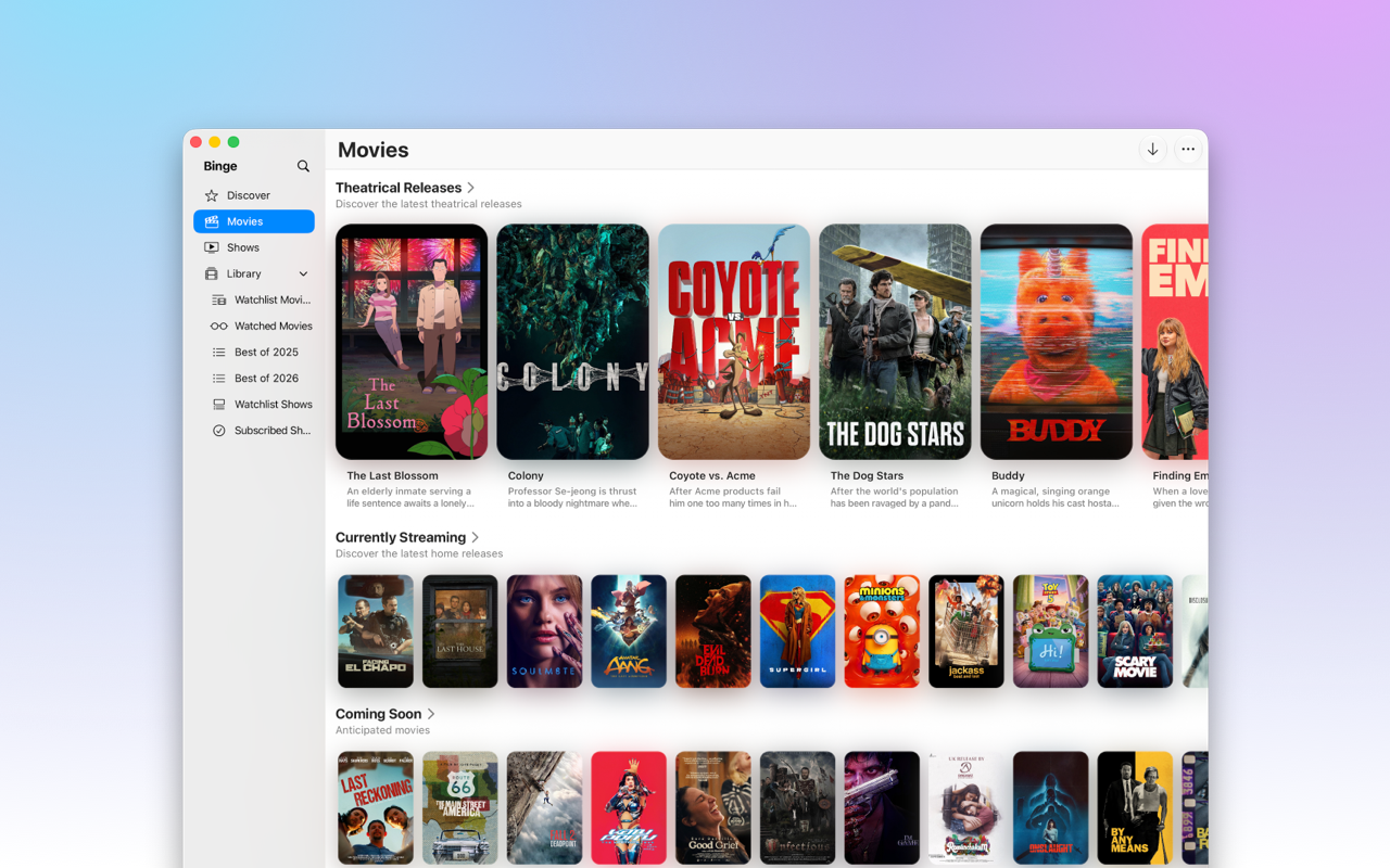 Binge’s Mac app showing movies on a silver iMac