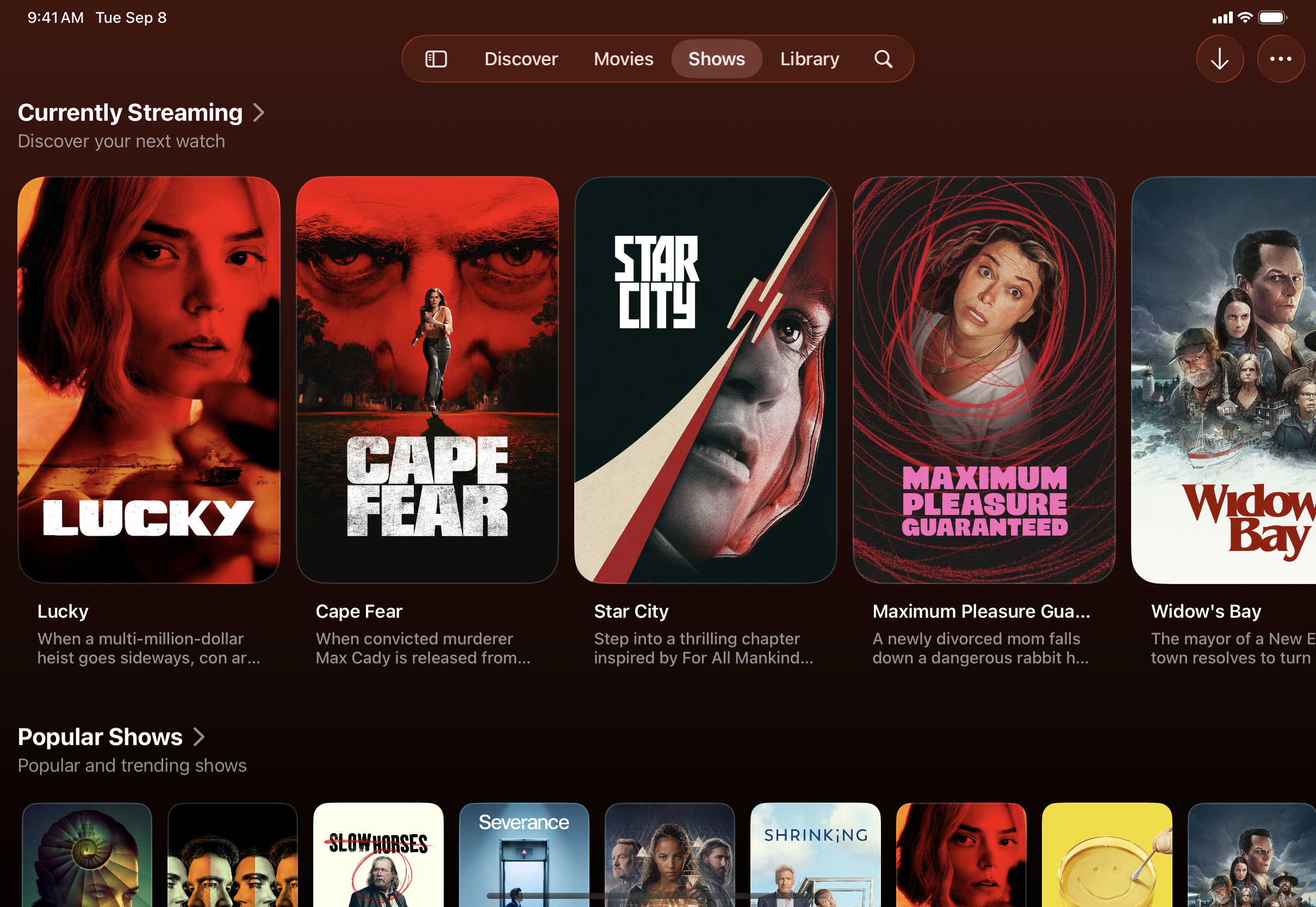 Binge showing currently streaming and popular shows on iPad Pro