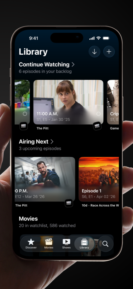 Binge library screen with continue watching, airing next, and movie sections