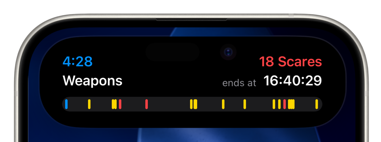 Binge Live Activity showing the jump scare timeline for Weapons