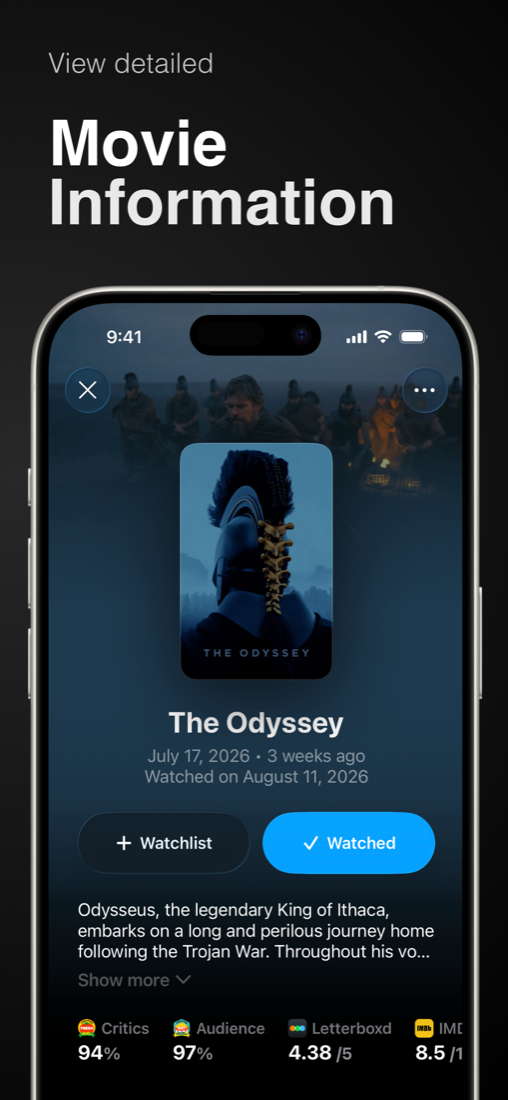 Binge movie details screen with watch status, synopsis, and ratings