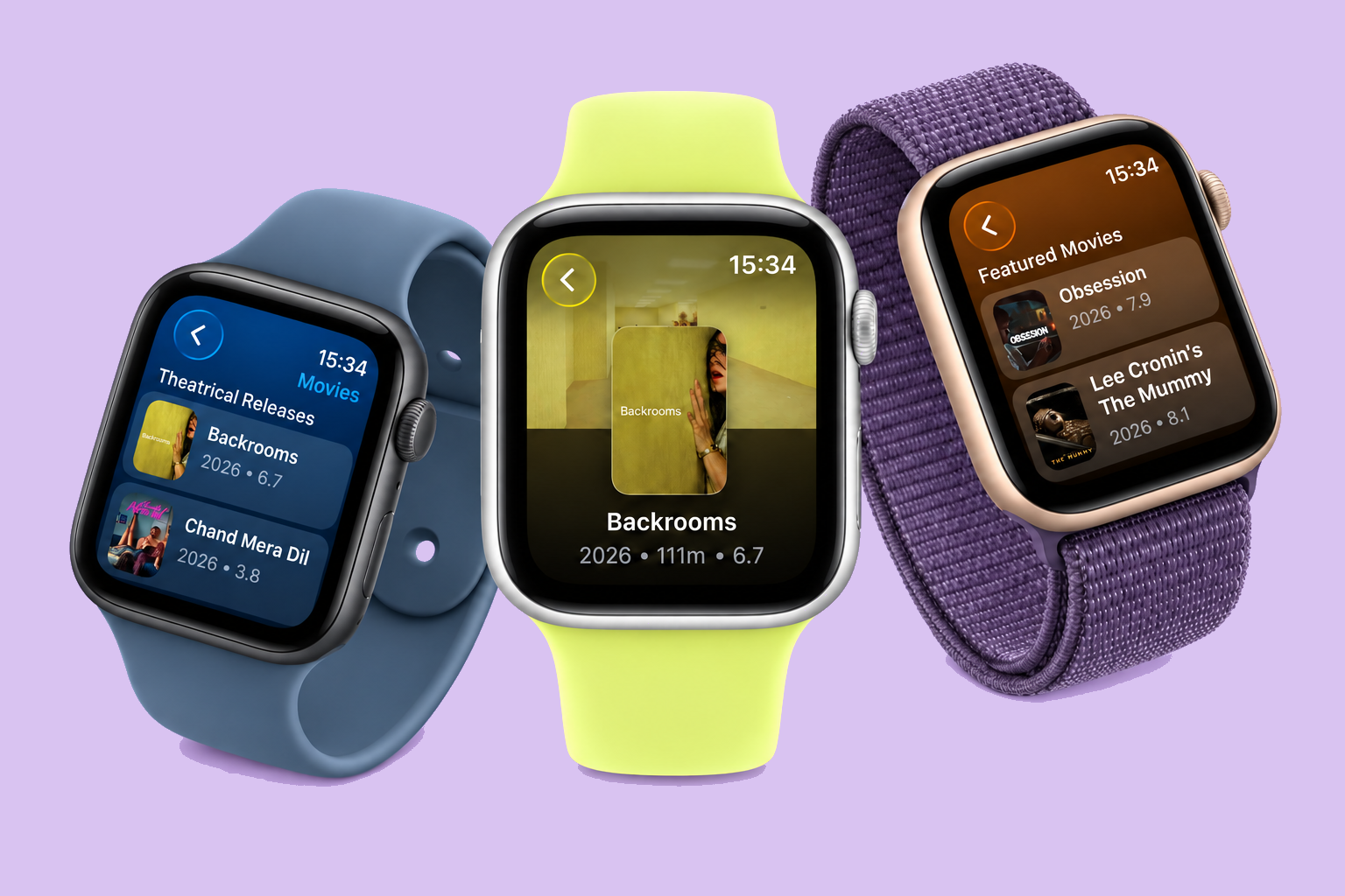 Three layered Apple Watches showing Binge’s theatrical releases, Backrooms details, and featured movies