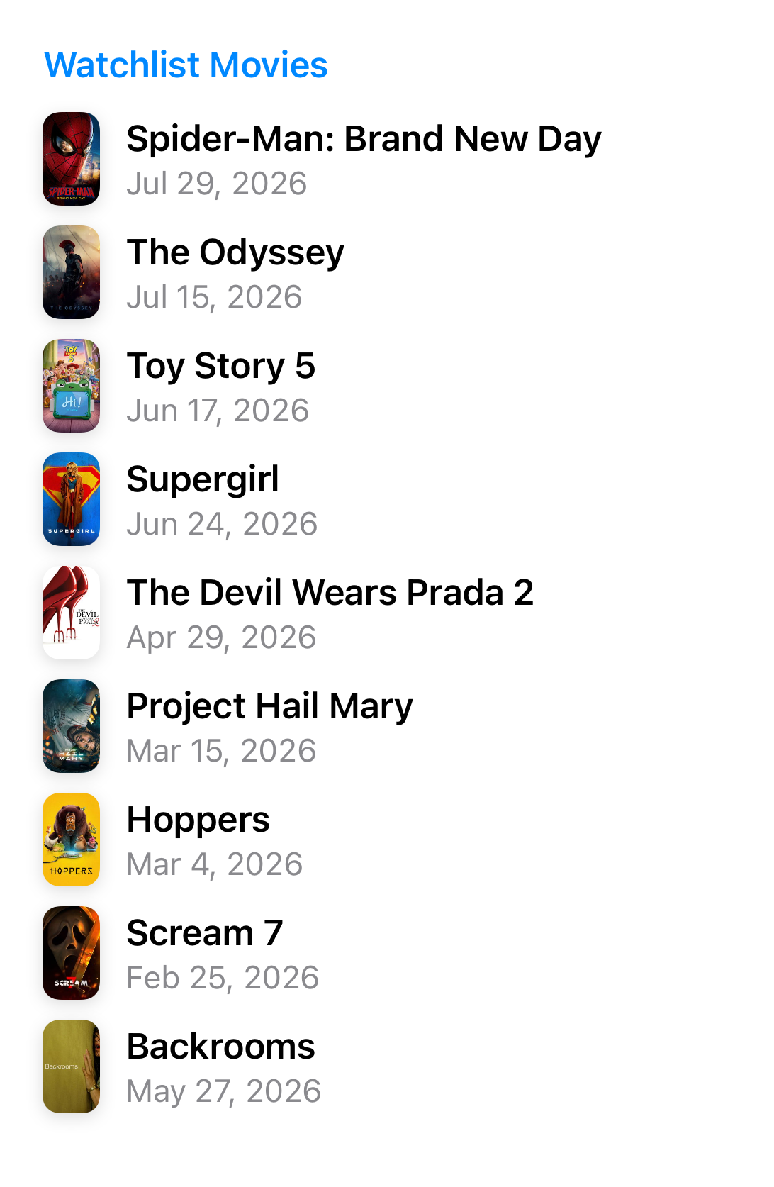 Extra-large movie watchlist with recent movies including Spider-Man: Brand New Day, The Odyssey, Toy Story 5, and Hoppers