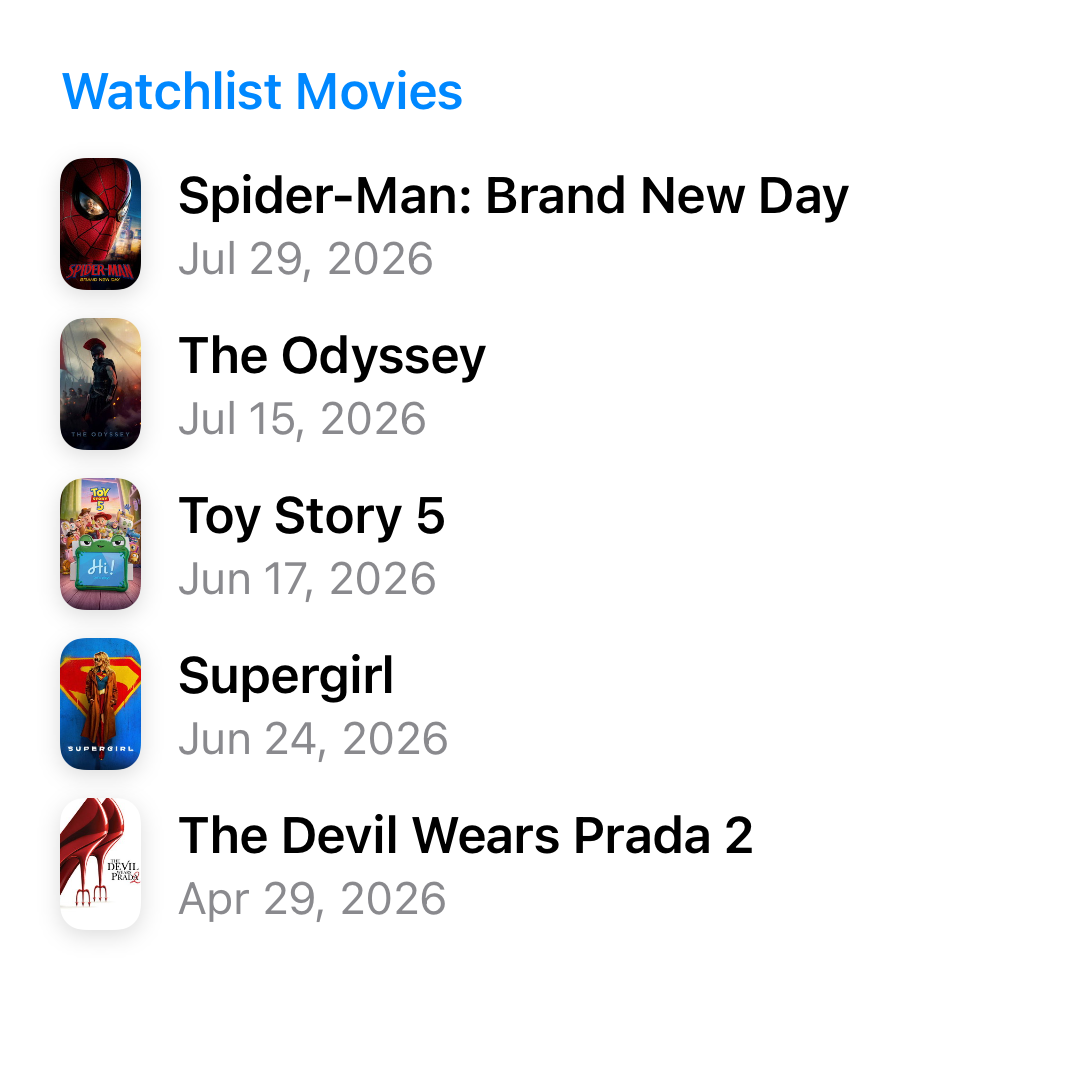 Movie watchlist with Spider-Man: Brand New Day, The Odyssey, Toy Story 5, Supergirl, and The Devil Wears Prada 2