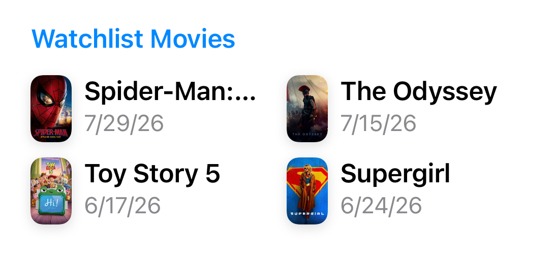 Movie watchlist with Spider-Man: Brand New Day, The Odyssey, Toy Story 5, and Supergirl