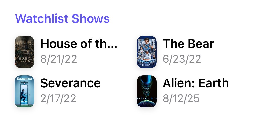 Show watchlist with House of the Dragon, The Bear, Severance, and Alien: Earth